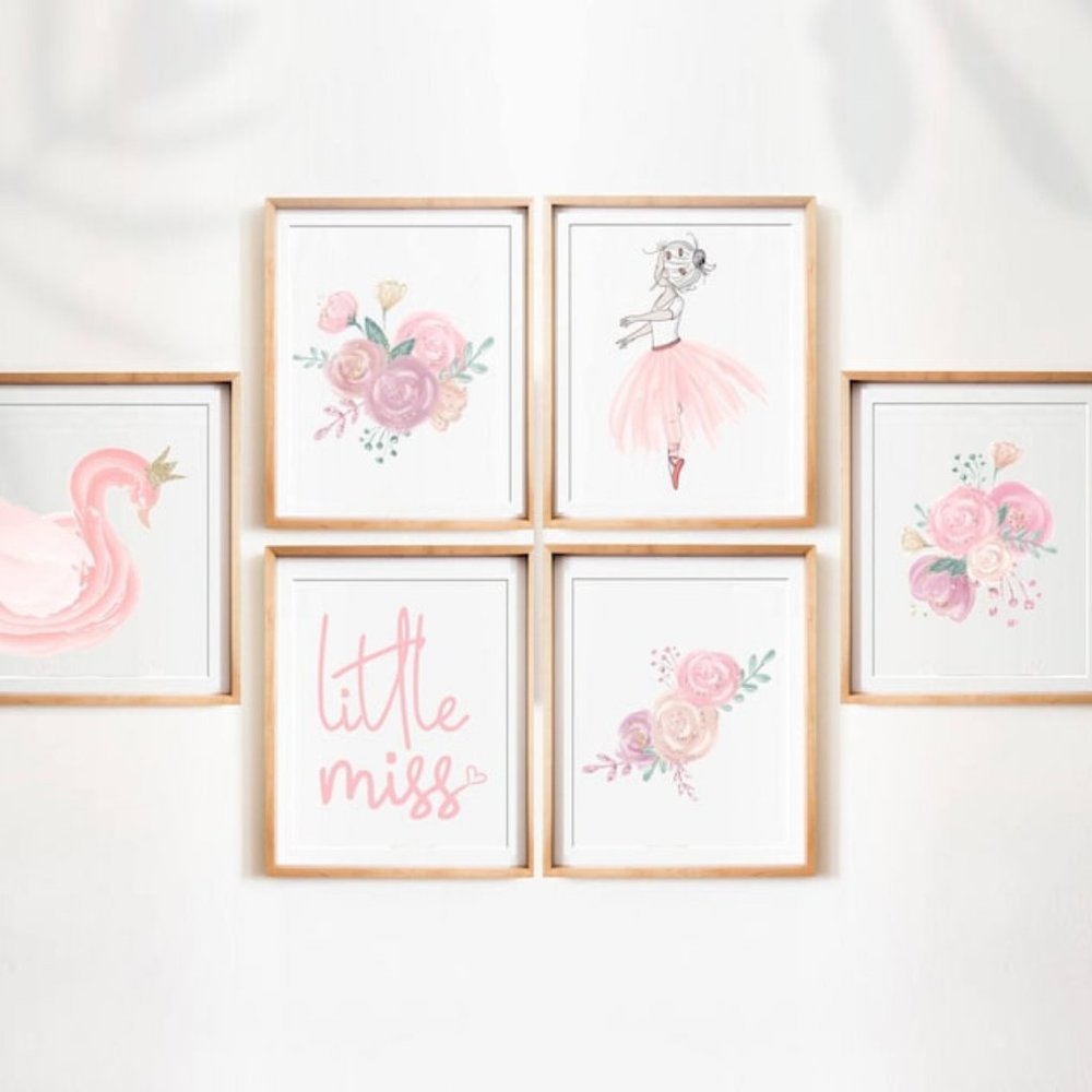 Nursery Decor Ballerina Flowers Floral Pink Girls Room Wall Art Set of 6